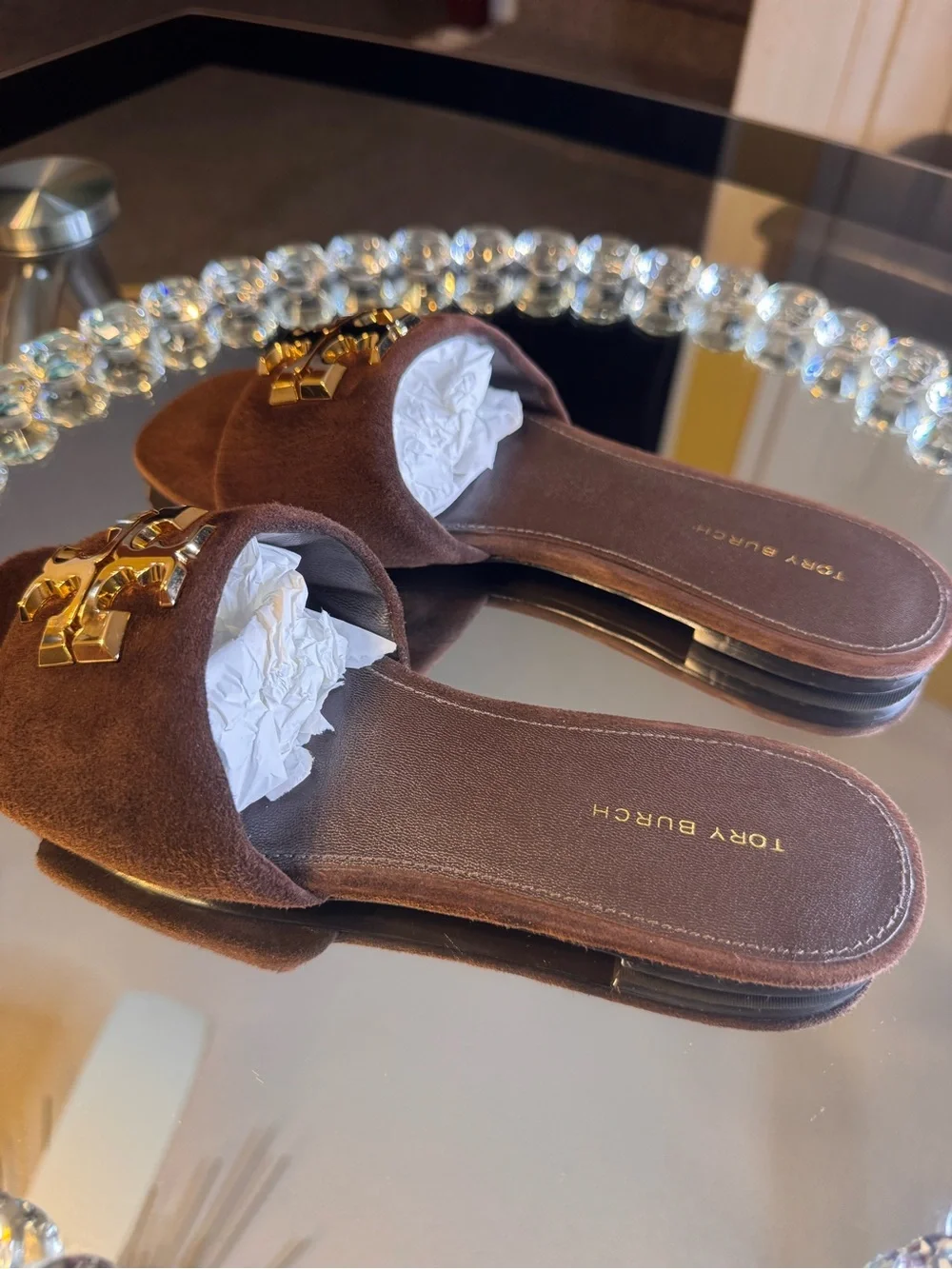 Tory Burch Brown Suede Eleanor Flat Sandals/ Slide. Size 7